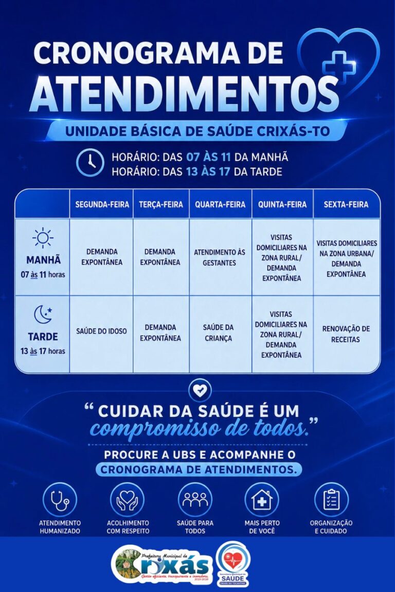 Secretaria de Saúde divulga cronograma semanal de atendimentos da UBS de Crixás-TO